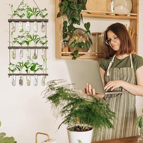 XXXFLOWER Wall Hanging Propagation Station with Wooden Stand 5 Glass Test Tubes 3 Tiered Planters Wall Terrarium for Home Office Plant Hanger Flower Vases Wall Decor Hydroponic Cuttings thumbnail 4