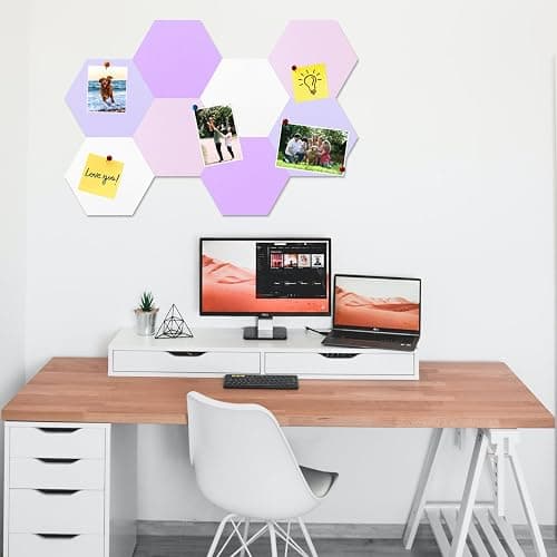 HULAVO 8 Pcs Hexagon Felt Cork Bulletin Board Tiles, Self Adhesive DIY Bulletin Board Pin Board for Office School Home Wall Decor Memos Photos Display(Purple & Pink) thumbnail 2