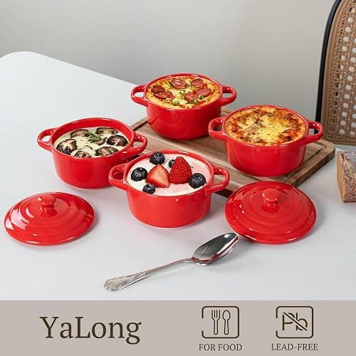 Mini Dutch Oven Set of 4, 14 oz Ceramic Mini Dutch Ovens with Lids and Handles, Ramekins with Lids for French Onion Soup, Pot Pies, Soufflés and Baked Desserts, Oven Microwave Dishwasher Safe, Mini Cocotte，（Red） thumbnail 2