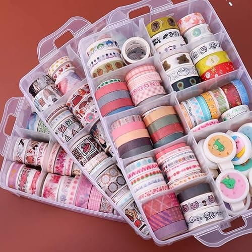 HomDSim Washi Tape Box Organizer Storage,Divider Closet Container,with 30 Adjustable Compartments,Clear,Masking Tape Desktop Tape DIY Sticker Roll Tape Cutter Holder Storage,Finger Safty Dispenser thumbnail 6