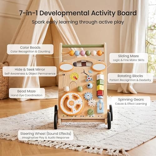 GROWNSY Wooden Baby Walker with Wheels, 3-in-1 Sit-to-Stand Push Walker | Adjustable Speed, Montessori Baby Walker with 7-in-1 Removable Activity Panel, First Birthday Gifts for Boys & Girls thumbnail 3