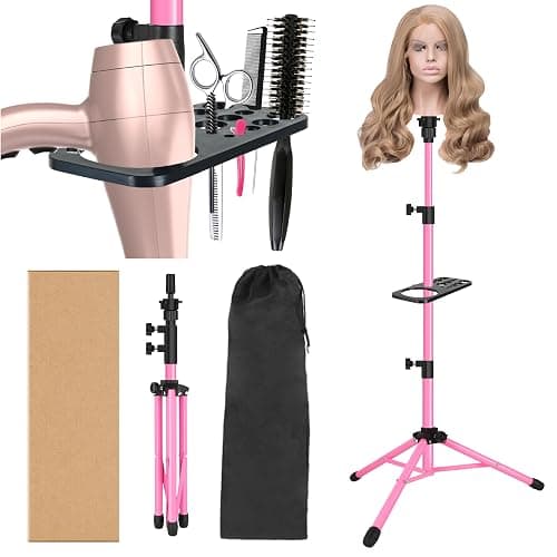 ZQIAN BEAUTY Wig Stand Tripod 50 Inch Metal Wig Mannequin Head Tripod Stand For Hairdressing Training Head Adjustable Wig Tripod Stand with Tool Tray (Pink, Mannequin Head Not Included) - Image 1