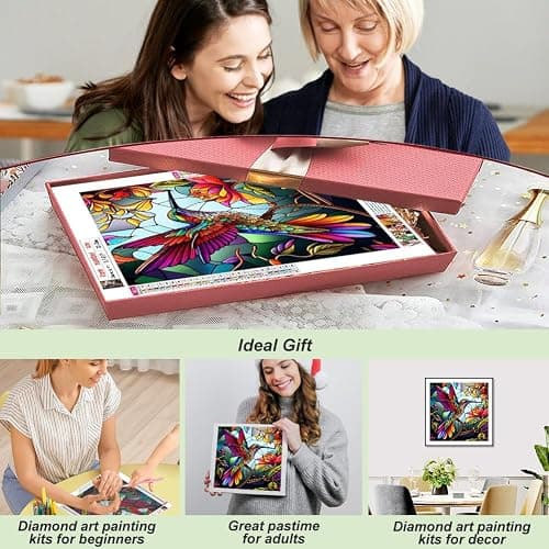 SJUTOUCI Hummingbird Diamond Painting Kits for Adults, Stained Glass Diamond Art Painting Kits, 5D Round Diamond Beads Art Craft for Home Decor Gift 11.8x11.8inch/30x30cm thumbnail 3
