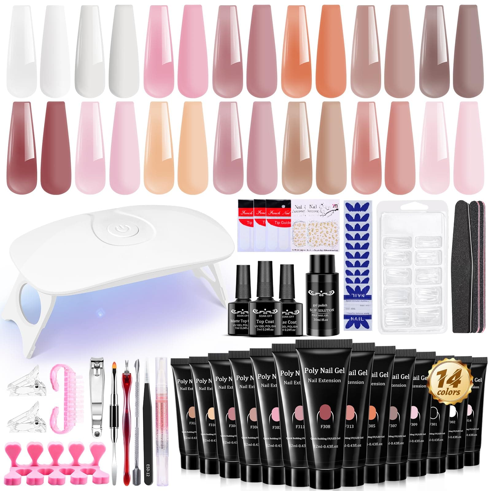 JODSONE 14 Pcs Poly Gel Nail Kit With U V Light Starter Kit Nude Clear Pink Brown Poly Extension Gel Nail Kit With Base Top Coat Nail Art Tools All In One Kit Starter Kit - Image 1