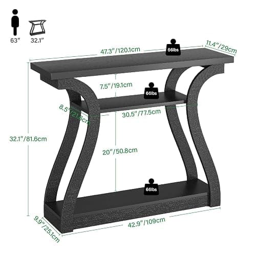 UODERS Wooden Console Table with Curved Legs and Shelf, 3-Tier Modern Accent Narrow Sofa Table for Entrance Area, Living Room, Hallway, 47 in Wide Wood Console Table for Entryway (Black) thumbnail 2