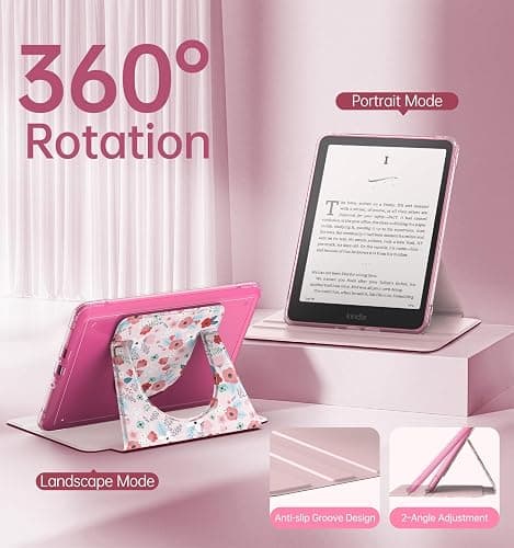 MoKo 360° Rotating Case for 7" Kindle Paperwhite 12th Generation 2024 & Kindle Colorsoft 2024/2025, Clear Back Detachable Magnetic Protective Adjustable Stand Cover with Auto Wake/Sleep, Spring Pink thumbnail 4