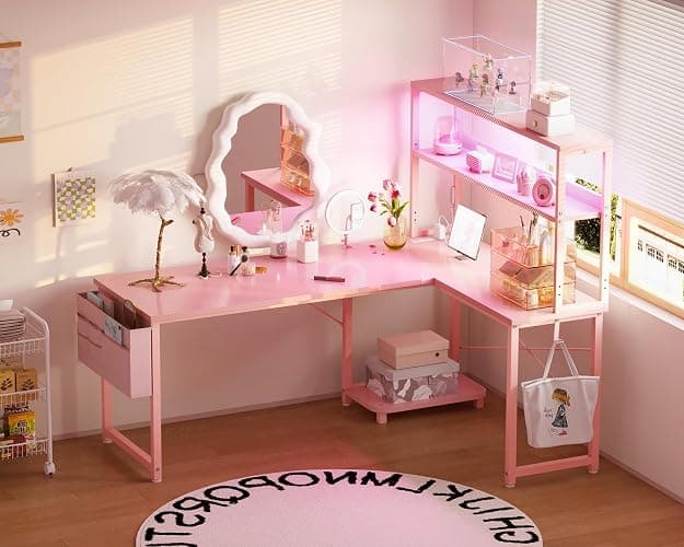 AODK L Shaped Desk Gaming Desk with LED Light & Power Outlet, 53 Inch Reversible L Shaped Computer Table with Shelf & Storage Bag & Hook for Home Office, Pink thumbnail 7