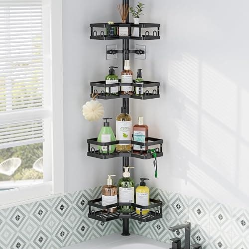 HEVEL Corner Shower Caddy Tension Pole, Adjustable Shower Organizer Corner 62-115 Inch, Rustproof Bathroom Storage Shower Shelves, Black thumbnail 8