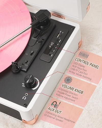 Vinyl Record Player Bluetooth Vintage 3-Speed Portable Suitcase Turntables with Built-in Speakers, Belt-Driven LP Player Support USB Recording AUX-in RCA Line Out Headphone Jack, White thumbnail 5