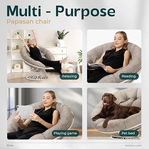 Bme 40" Ergonomic Wicker Papasan Chair with Soft Thick Density Fabric Cushion, High Capacity Steel Frame, 360 Degree Swivel for Living, Bedroom, Reading Room, Lounge - Silver Clound - White Base - Upgrade Cushion - Classic 40" thumbnail 7