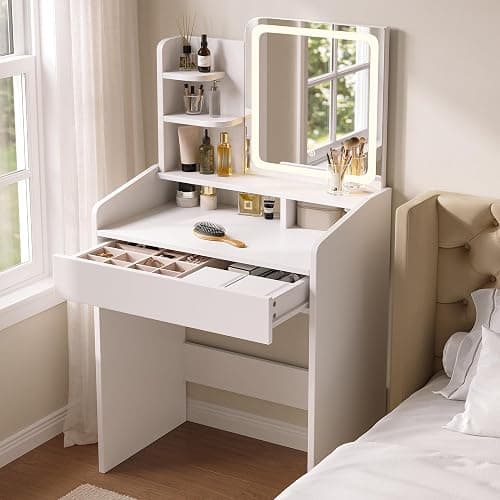 Dowinx Makeup Small Vanity Desk with Mirror and Lights, Makeup Vanity with Drawer & Storage Shelves, Makeup Desk with 3 Lighting Modes & Adjustable Brightness, Dressing Table for Women Girls Bedroom thumbnail 8