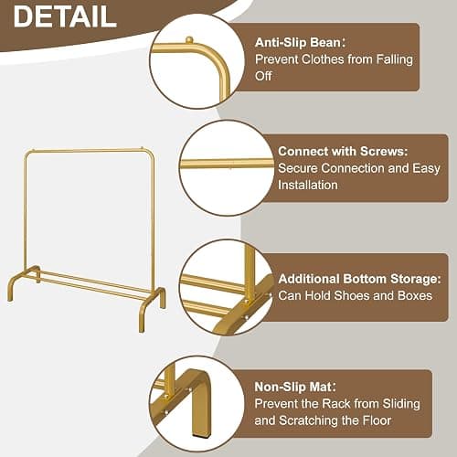 JIUYOTREE Metal 43.3 Inches Garment Rack with Bottom Shelf Clothing Rack for Hanging Clothes Coats Skirts Shirts Sweaters Gold thumbnail 7
