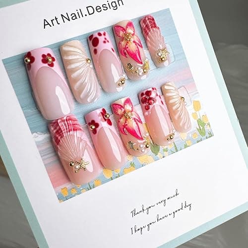 24Pcs Summer Press on Nails Medium Square Fake Nails with Pearl Rhinestones Designs Gold Starfish Seashell Glue on Nails 3D Flower Acrylic Nails Beach False Nail French Tip Stick on Nail for Women thumbnail 4