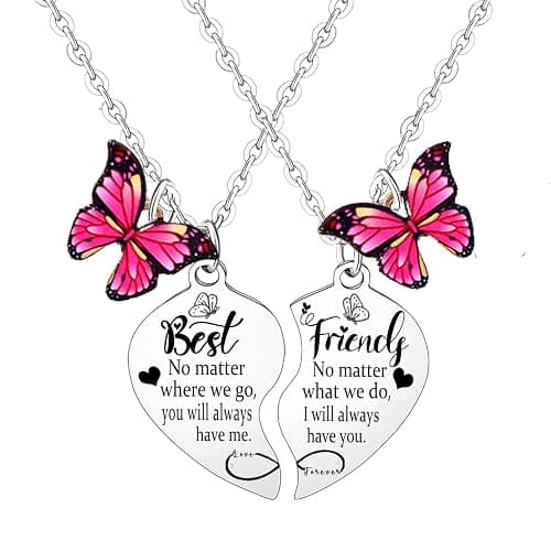 2PCs Best Friend Heart Matching Pendant Necklace Long Distance Friendship Gifts for Best Friend Necklace for 2 Friendship Necklace for Sister Friends Bestie Birthday Gifts Butterfly Charm Gifts for Best Friend Jewelry - Image 1