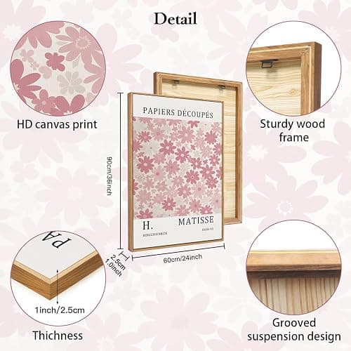 HLNIUC Matisse Pink Framed Wall Art Set,Neutral Pink Flower Canvas Wall Decor Set of 3(24”x36’) Modern Aesthetic Pictures Painting,Abstract Floral Market Art Print for Living Room Bedroom Office thumbnail 6