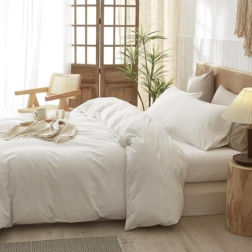 LIFETOWN 100% Washed Cotton Duvet Cover Set Linen Feel Natural Wrinkle Lightweight Comfy (Queen, White) thumbnail 4