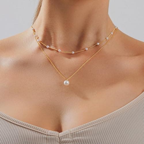 Partm Pearl Necklace for Women Trendy 14K Gold Plated Dainty Pearl Pendant Choker Set Handmade Pearl Gold Necklace Non Tarnish Simple Cute Jewelry Gifts for Women thumbnail 3