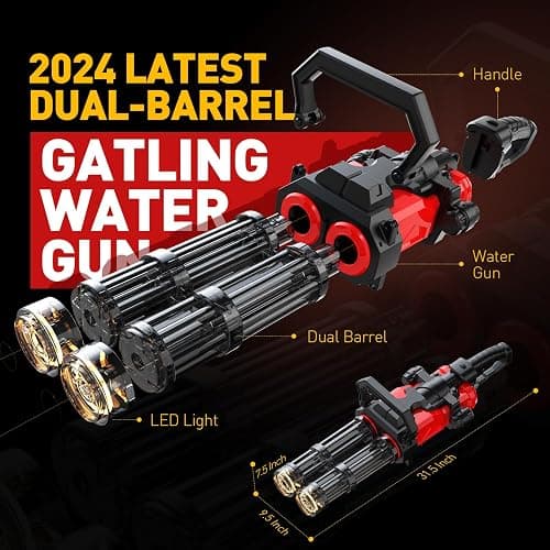 Gatling Electric Water Gun for Adults & Kids, Dual-Barrel, Up to 49FT Most Powerful Automatic Squirt Gun with LED Water-Sensor, Large Water Tank & Battery, Outdoor Pool Toy, Summer Toys for Parties thumbnail 2