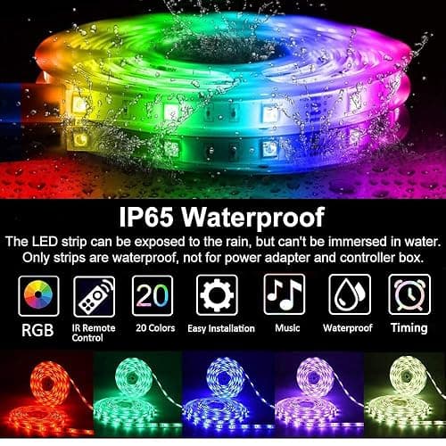 Kousee LED Strip Lights 32.8FT, IP65 Waterproof LED Lights Strip with Music Remote Control, 5050RGB Color Changing Light Strip, Easy Installation LED Lights Strip for Bedroom, Ceiling, Kitchen thumbnail 5