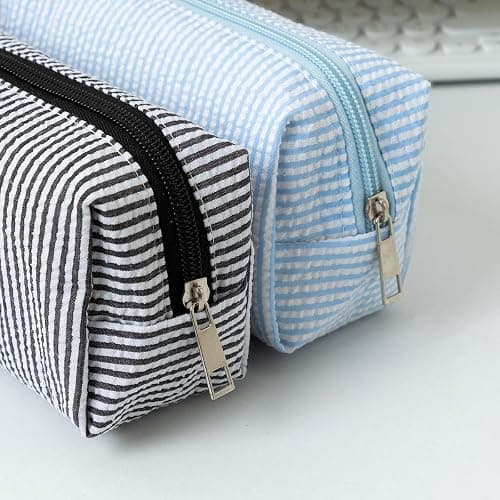 HFHungkeong Cute Pencil Case, Seersucker Pencil Bag Desktop Stationery Finishing Large Capacity Embroidery Striped Travel Storage Bag, Multifunctional Cosmetic Pouch(Pink White) thumbnail 6