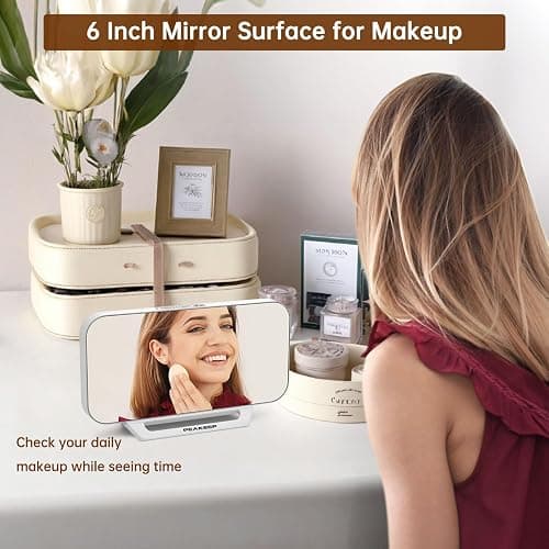 Peakeep Slim Digital Mirror Aesthetic Alarm Clock for Bedrooms Desk Decor, Plug in Electric Big LED Modern Small Clock for Office Living Room, Battery Backup, 6 Dimmers (White) thumbnail 3