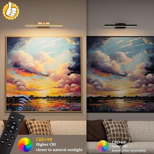 Percantis 13.8'' Battery Operated Picture Light for Wall, Remote Control | 4000mAh Cordless,Gold Wall Light, Magnetic for Easy to Charge,Timers, Display for Gallery Living Room Bedroom thumbnail 4