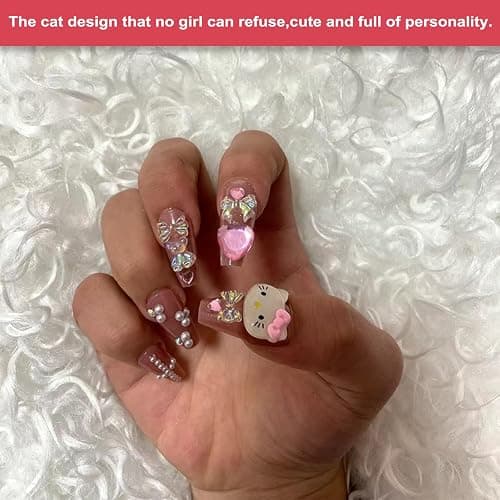 24PCS French Pink Kitty Press on Nails,Y2K Long Coffin with Rhinestones And Pearl Design False Nails,Cute Kawaii 3D Cartoon Fake Nails,Trapezoid Full Cover Acrylic Nails for Women or Girls thumbnail 2