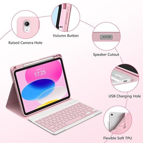 CC Store for iPad A16 11th 10th Generation Case with Keyboard - Detachable Folio Keyboard Cover with Pencil Holder for iPad 11-inch A16 2025 10th Gen 10.9 Inch 2022(Pink) thumbnail 7