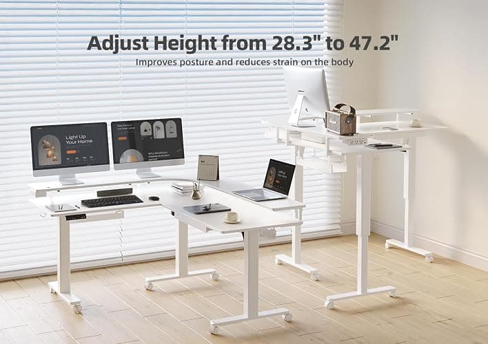 Claiks 63" L Shaped Standing Desk with Drawers and LED Lights, Height Adjustable Electric Corner Standing Desk with Monitor Stand & Power Outlet, 4 Memory Preset, White thumbnail 5