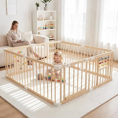 INFANS Wooden Baby Playpen with Adjustable Size & Shape, 8 Panels, Child Proof Lock, Easy to Assemble, 63" x 63" Portable Play Yard for Babies Toddlers thumbnail 4