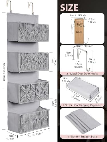 Avidanza 4-Tier Over The Door Hanging Organizer, Fabric Door Storage Organizer with Hooks & Adhesive Straps, Cloth Hanging Storage for Bedroom, Closet, Bathroom & Nursery thumbnail 3