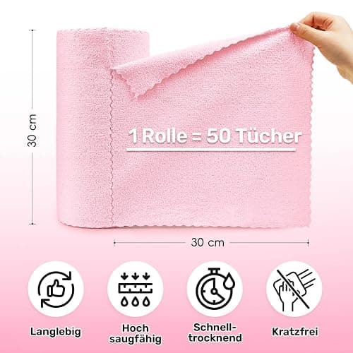 SOOWASH Mikrofasertücher Rolle, 50 Stück Mikrofaser Reinigungstücher, Abreißbare Lappen Putztücher für Auto, Küche und Haus 30x30cm(Rosa) thumbnail 2
