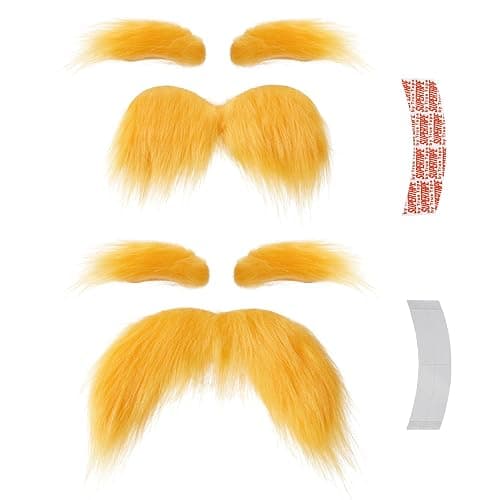 woxafo 2 PCS Yellow Mustache and Eyebrows with Spare Tape, 2 Novelty Realistic Yellow Fake Mustache Beard and Eyebrows for Adults, Halloween Cosplay Costume Party Favors - Image 1