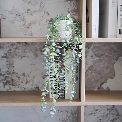 BACAMA Faux Ivy Eucalyptus Vine Fake Hanging Plants in White Pot, Medium | Decorative Hanging Plants, Fake Greenery, For Shelf thumbnail 8