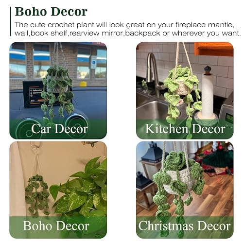 Cute Crochet Plant for Rear View Mirror, Boho Handmade Car Mirror Hanging Accessory for Women & Girls, Green Interior Aesthetic Decor Truck Hanger Ornament Charm thumbnail 4