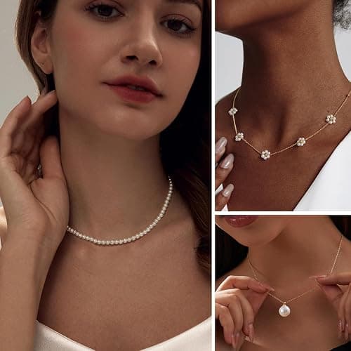LULII Pearl Necklaces for Women 14K Gold Plated Dainty Layered Single Pearl Necklace Simple Daisy Pearls Choker Cute Gold Necklace Stack Jewelry Sets for Women Trendy Gifts thumbnail 4