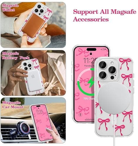 UEEBAI Magnetic for iPhone 16 Pro Max Case, Bow Case Compatible with MagSafe, Wireless Slim Clear Ribbon Aesthetic Phone Cover Anti-Yellowing Shockproof Protective Cover for Women Girl - Hot Pink thumbnail 2
