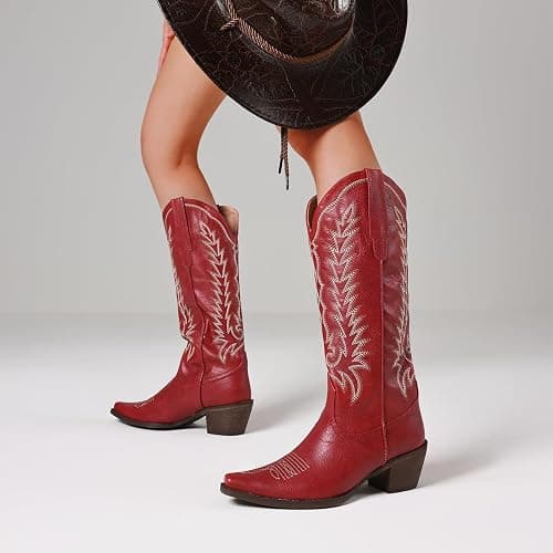 Tscoyuki Cowboy Boots for Women: Embroidered Western Knee High Boots Women - Pointed Toe Chunky Heel Cowgirl Tall Boots thumbnail 7