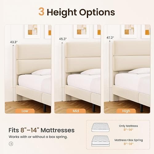 GRUSIGN Queen Size Platform Bed Frame with Velvet Headboard, Adjustable Height Wooden Slats Support, Upholstered Mattress Foundation, Fits Mattress or Mattress with Box Spring, Easy Assembly, Beige thumbnail 5