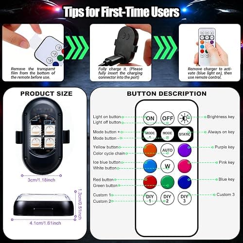 Upgraded Wireless LED Lights for Car, Rechargeable Interior Car Lights with 8 Colors Brightness Adjustable, 12H Battery Life, Remote Control, Mini Strobe Lights for Vehicle Motorcycle Bike Decor thumbnail 7
