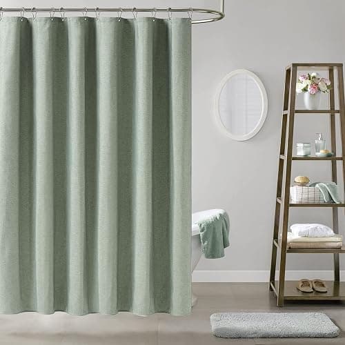 BTTN Fabric Shower Curtain, Linen Textured Heavy Duty Polyester Cloth Shower Curtain Set with Plastic Hooks, Sage Green, 72x84 thumbnail 2