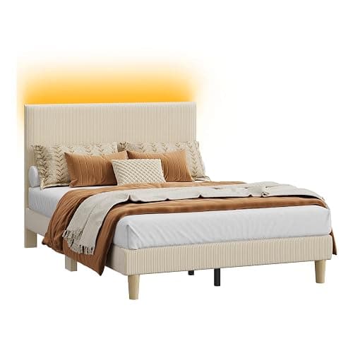 Bestier Full Bed Frame with Adjustable Headboard, LED Lighting, Vertical Channel Tufted Corduroy Upholstered, Solid Wooden Slats Support, No Box Spring Needed, Never Squeaks, Easy Assembly, Beige thumbnail 9