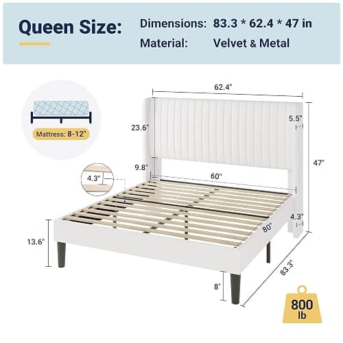 Allewie Queen Size Velvet Bed Frame/Vertical Channel Tufted Wingback Headboard/Upholstered Platform Bed/Strong Wooden Slats/No Box Spring Needed/Easy Assembly/White thumbnail 2