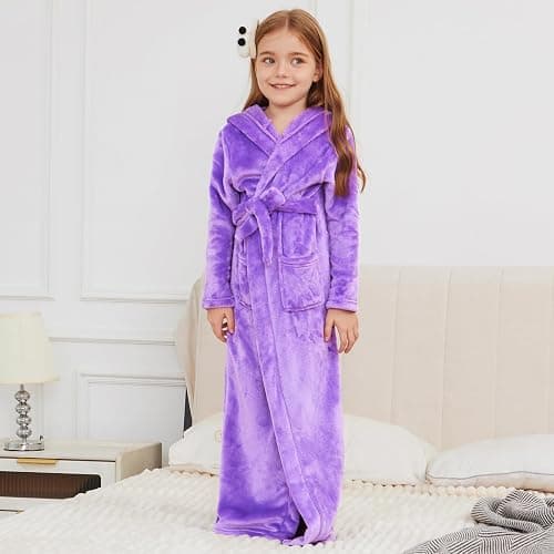 Jxstar Girls Bathrobes Kids Long Hooded Robes Plush Full Length Coral Fleece Pajamas Sleepwear thumbnail 2