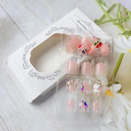 LPOODDNU 3D Press on Nails with Charms Short Square Fake Nails Glossy Pink Rhinestones Bows Crystal Butterfly Glue on Nails Luxury Acrylic Nail Kit Reusable Stick on Nails for Women Manicure, 24Pcs - design5 thumbnail 5
