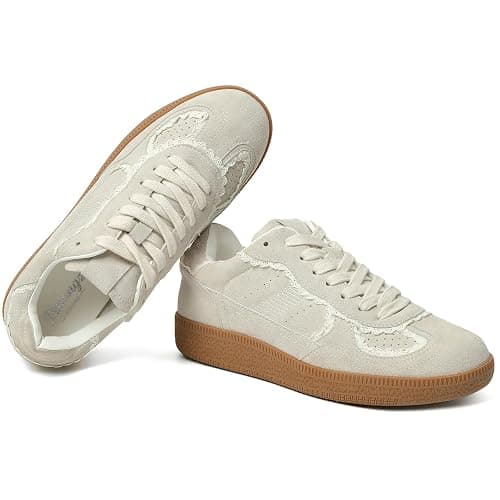 RIBONGZ Women's Casual Shoes Fashion Sneakers Lace Up Tennis Sneaker Classic Low Top Trainers with Gum Sole Leather Suede Walking Footwear Dressy Shoes - Image 1