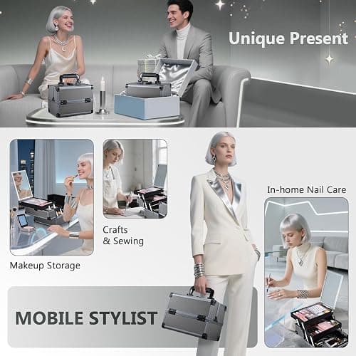 Joligrace Makeup Train Case Makeup Case Organizer Portable Cosmetic Box Storage with 2 Trays Mirror Locking with Keys Make Up Travel Case Nail Kits Traveling Makeup Box Iron Grey thumbnail 2