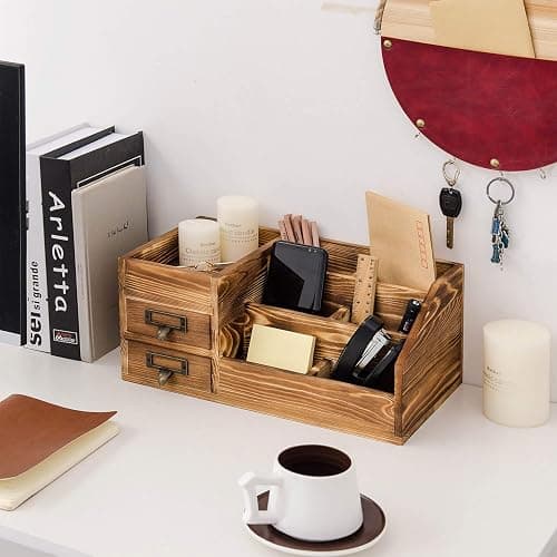 Liry Products Rustic Wooden Desktop Organizer Office Supplies Brown Tabletop Storage Cabinet Stepped Rack Multiple Compartments 2 Tier Drawers Makeup Accessory Jewelry Sorter Display Box Home Office thumbnail 6