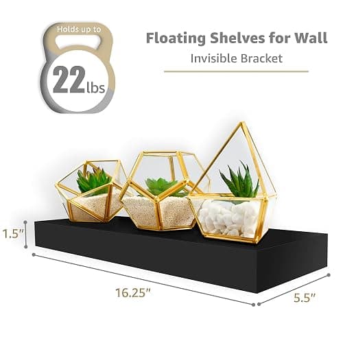 Sorbus Floating Shelves for Wall – 16 Inch Floating Shelf for Kitchen, Bedroom, Living Room, Bathroom, Home & Wall Decor - Mounted Bathroom Shelves with Invisible Brackets (Black, 3 Pack) thumbnail 3