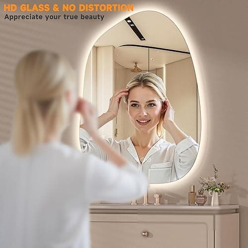 Hasipu Irregular Bathroom Vanity Mirror - 25"x19" LED Asymmetrica Mirror with Lights, Abstract Bathroom Mirrors with Backlit, Anti Fog, Memory Function，3 Colors and Dimmable Light,Horizontal/Vertical thumbnail 9